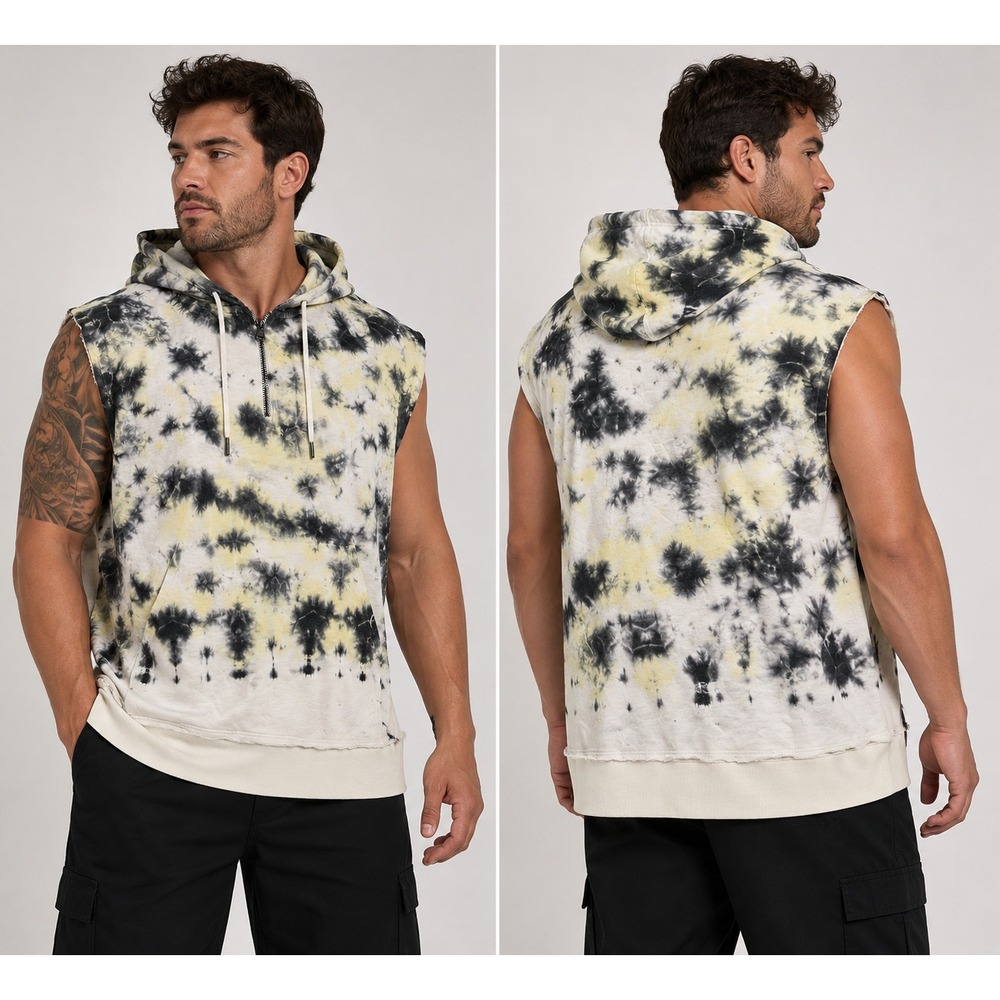 INC International Concepts Mens XXL Tie Dye Sleeveless Hoodie 1/4 Zip Vest White